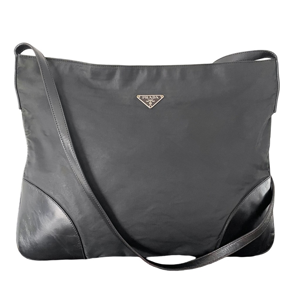 Prada black Tessuto nylon and leather triangle logo shoulder bag